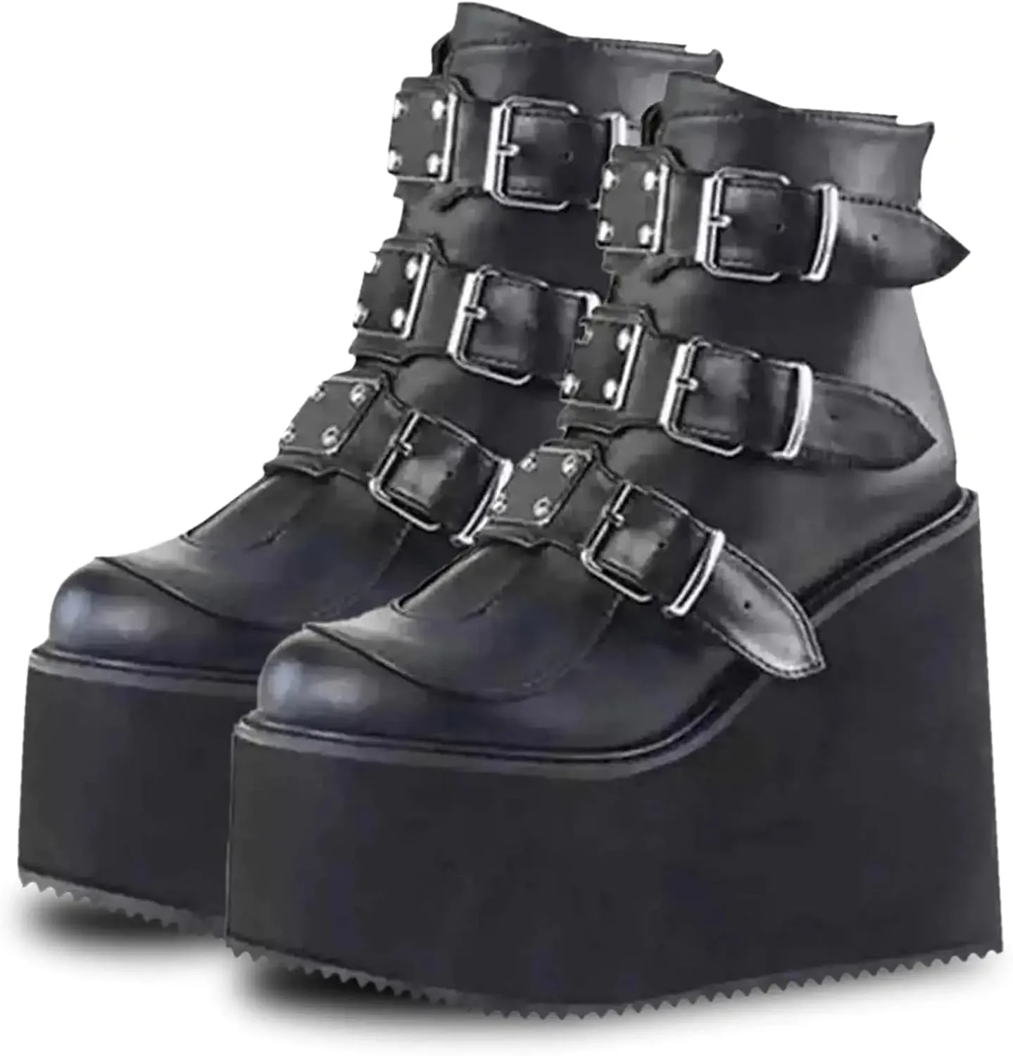 BORAMAX Women Platform Chunky Ankle Boots Punk Mid Calf For Women Zip Wedges High Heels Rave Buckle Thick Sole Goth Booties