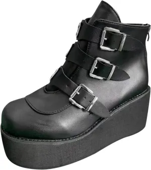 BORAMAX Women Platform Chunky Ankle Boots Punk Mid Calf For Women Zip Wedges High Heels Rave Buckle Thick Sole Goth Booties