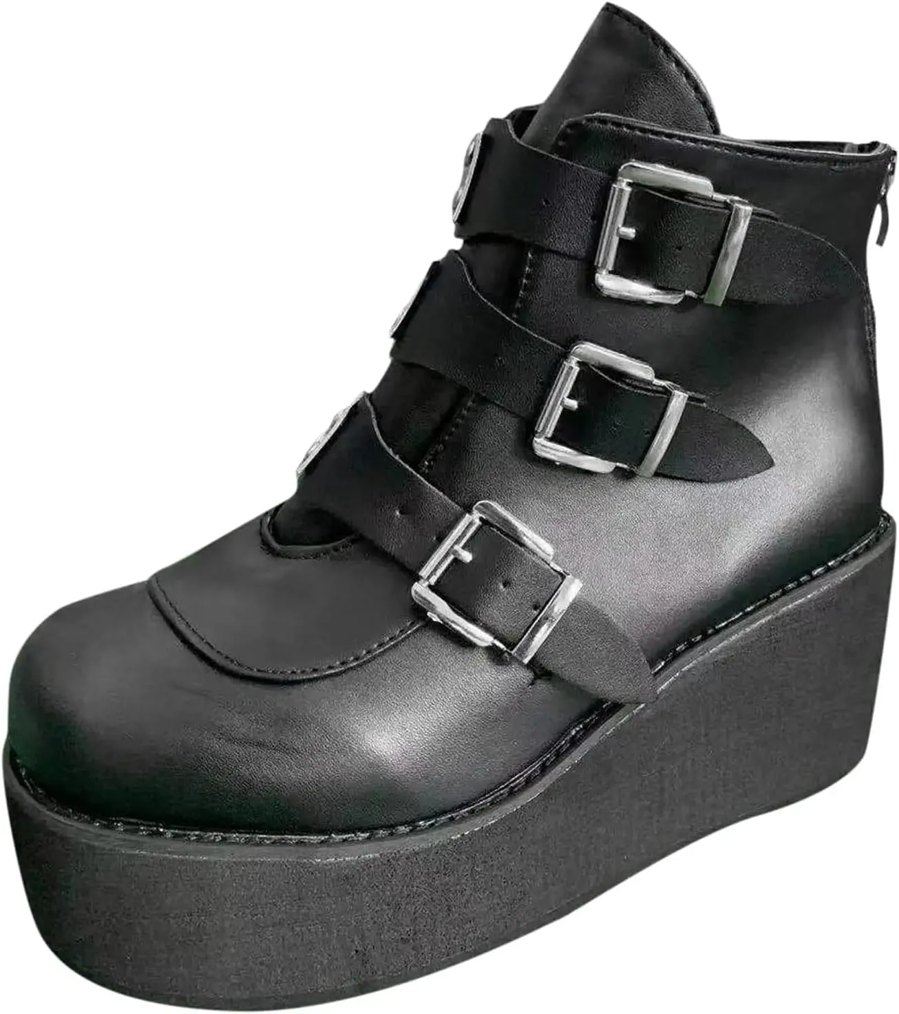 BORAMAX Women Platform Chunky Ankle Boots Punk Mid Calf For Women Zip Wedges High Heels Rave Buckle Thick Sole Goth Booties