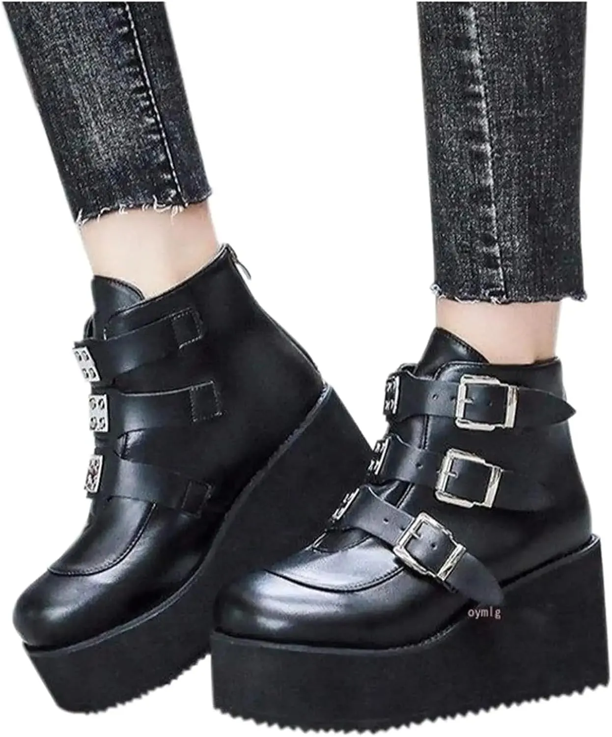 BORAMAX Women Platform Chunky Ankle Boots Punk Mid Calf For Women Zip Wedges High Heels Rave Buckle Thick Sole Goth Booties