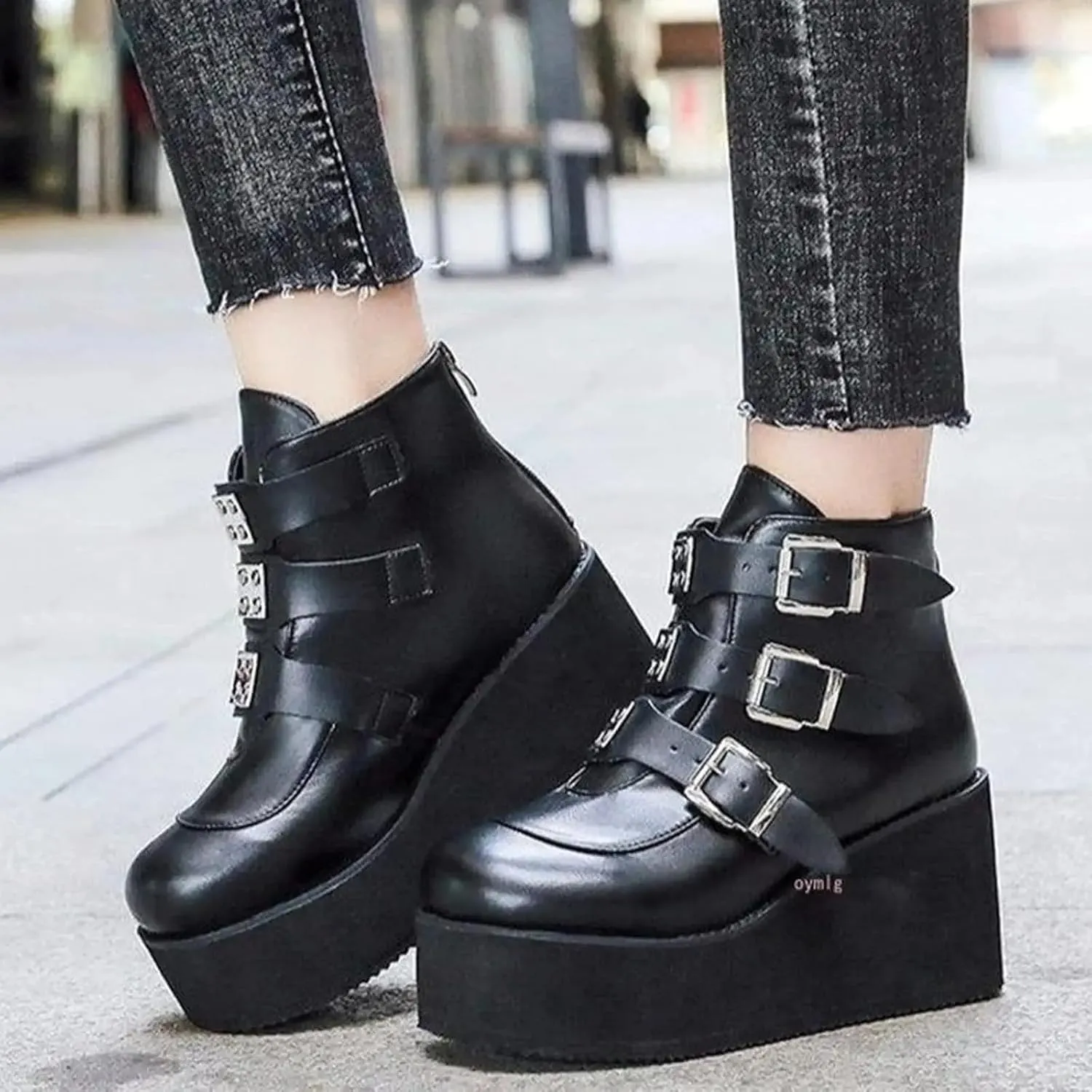 BORAMAX Women Platform Chunky Ankle Boots Punk Mid Calf For Women Zip Wedges High Heels Rave Buckle Thick Sole Goth Booties