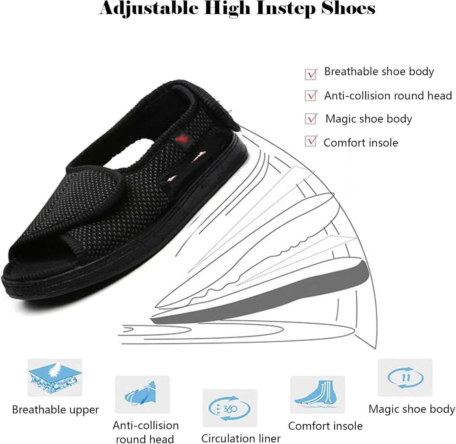 bumuam Men's Open Toe Lightweight Adjustable Sandals, Extra Wide Width Adjustable Edema Shoes for Elderly Foot Pain Relief