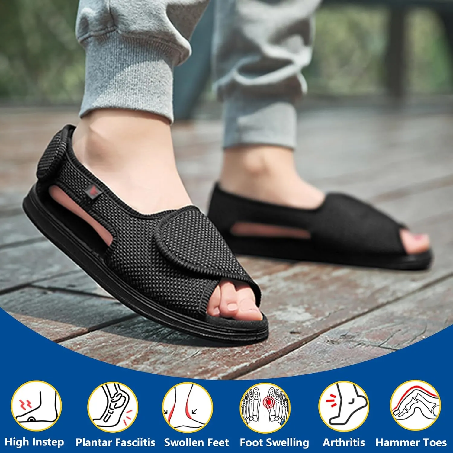 bumuam Men's Open Toe Lightweight Adjustable Sandals, Extra Wide Width Adjustable Edema Shoes for Elderly Foot Pain Relief