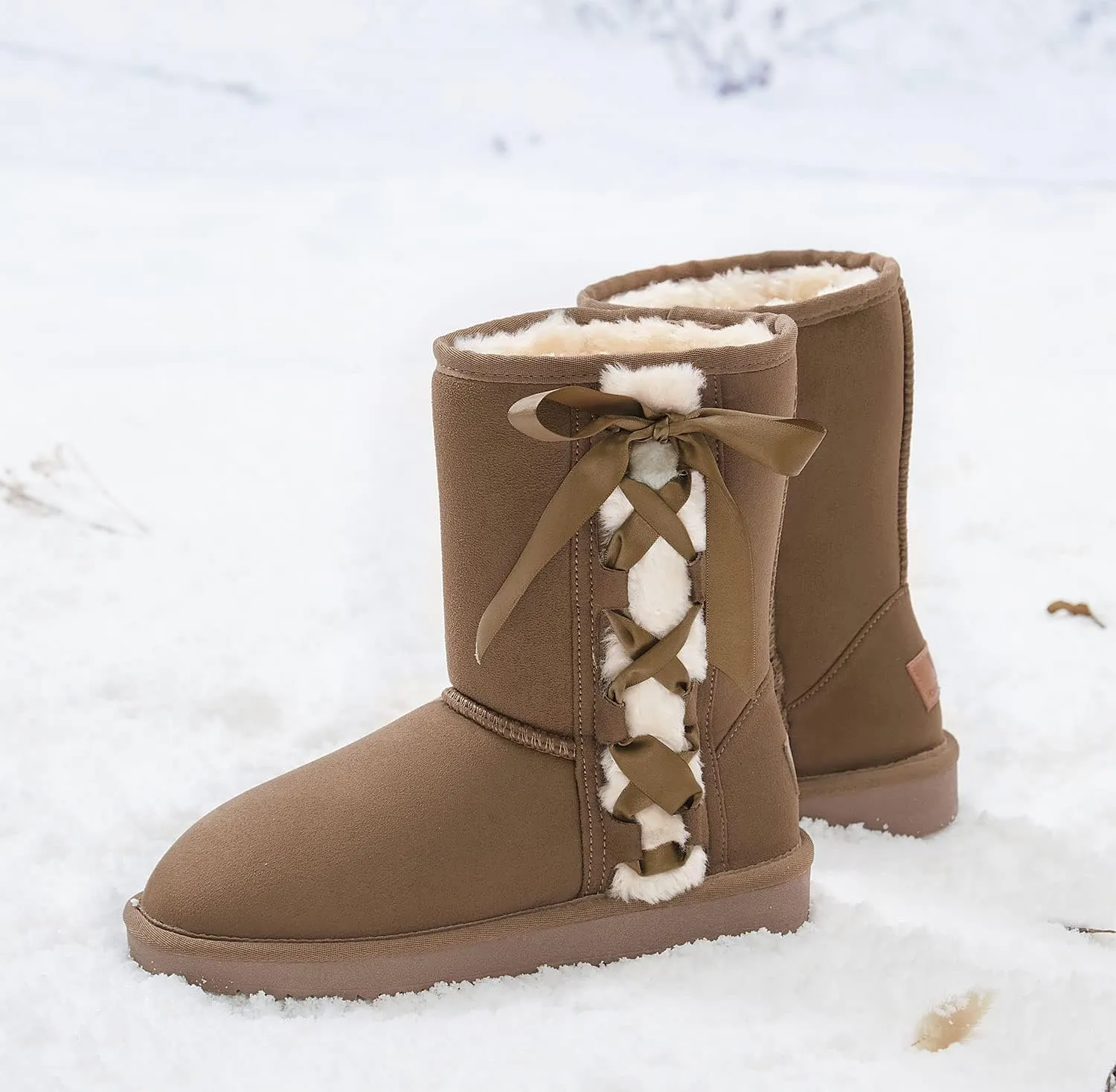 CAMEL CROWN Women's Foldable Snow Boots Warm Fur Winter Boots Mid-Calf Zipper House Slippers Boots Classic Mini Short Boots for Outdoor