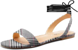 Castamere Womens Low Heel Open Toe Ankle Strap Lace-up Flats Shoes Sandals Casual Basic Classic Denim Summer 0.4 Inches Heels