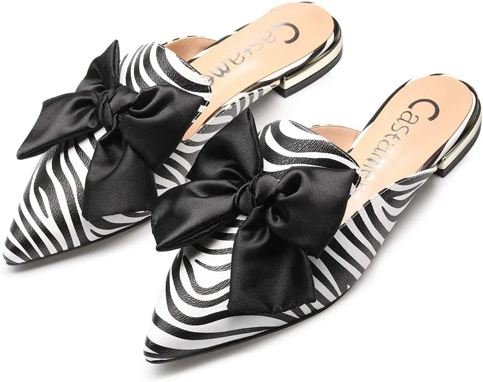 Castamere Womens Pointed Toe Bow-Knot Mules Slip On Velvet Slippers Casual Comfortable Flats