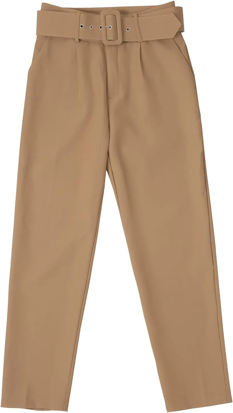 Casual Belted Dress Pants for Women Slim Fit Office Work Pencil Pants High Waisted Straight Leg Pull-On Trousers with Pockets