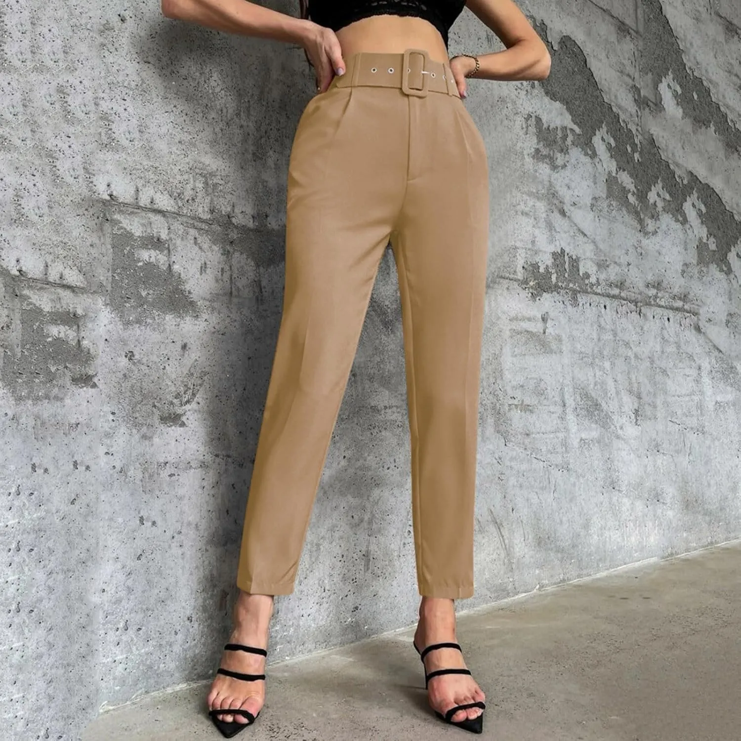 Casual Belted Dress Pants for Women Slim Fit Office Work Pencil Pants High Waisted Straight Leg Pull-On Trousers with Pockets