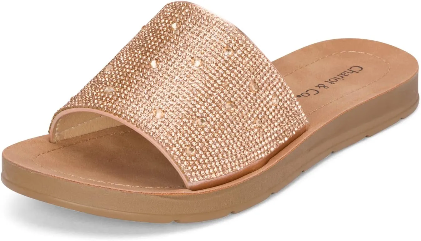Chariot & Co Bling Sandals for Women Rhinestones Platform Studded Slides Space