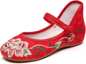 Chinese Embroidered Shoes for Women Round Toe Mary Jane Shoes Handmade Floral Slip On Loafers Comfort Walking Flats