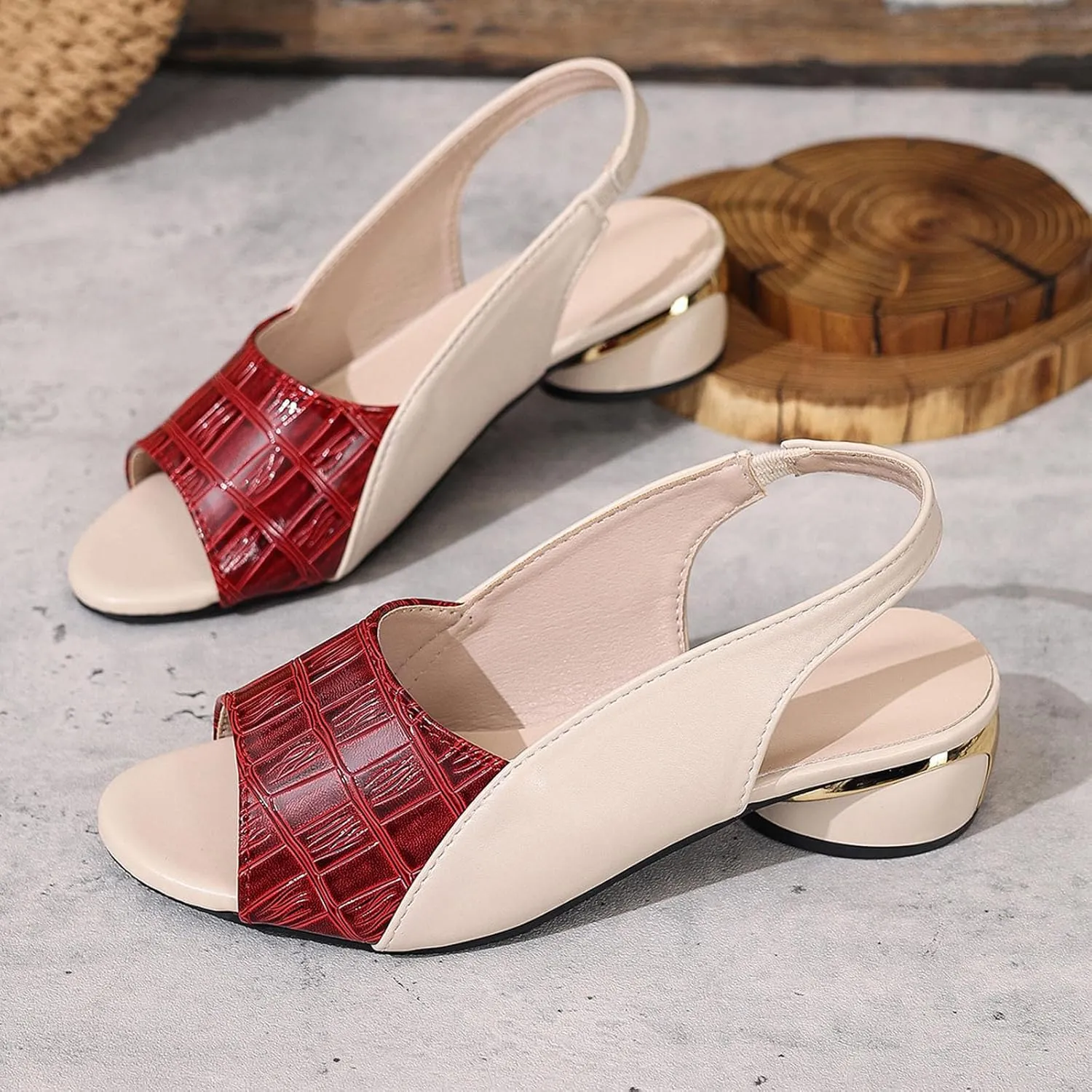 Chunky Heel Fish Mouth Women's Sandals Fashionable Casual Outer Wear Leather Adjustable Strap Slip On Women Dress Shoe