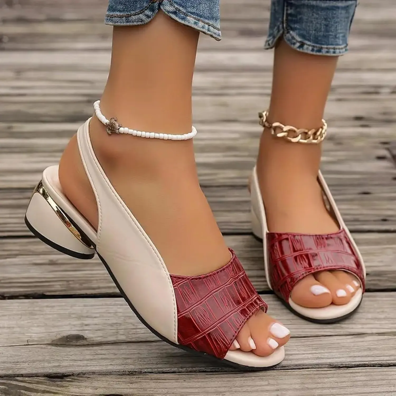 Chunky Heel Fish Mouth Women's Sandals Fashionable Casual Outer Wear Leather Adjustable Strap Slip On Women Dress Shoe