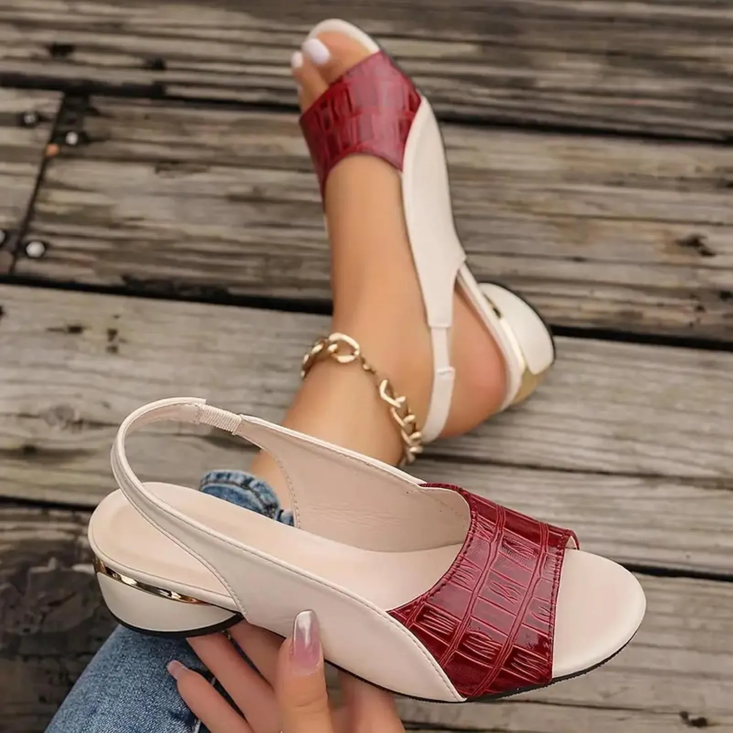 Chunky Heel Fish Mouth Women's Sandals Fashionable Casual Outer Wear Leather Adjustable Strap Slip On Women Dress Shoe