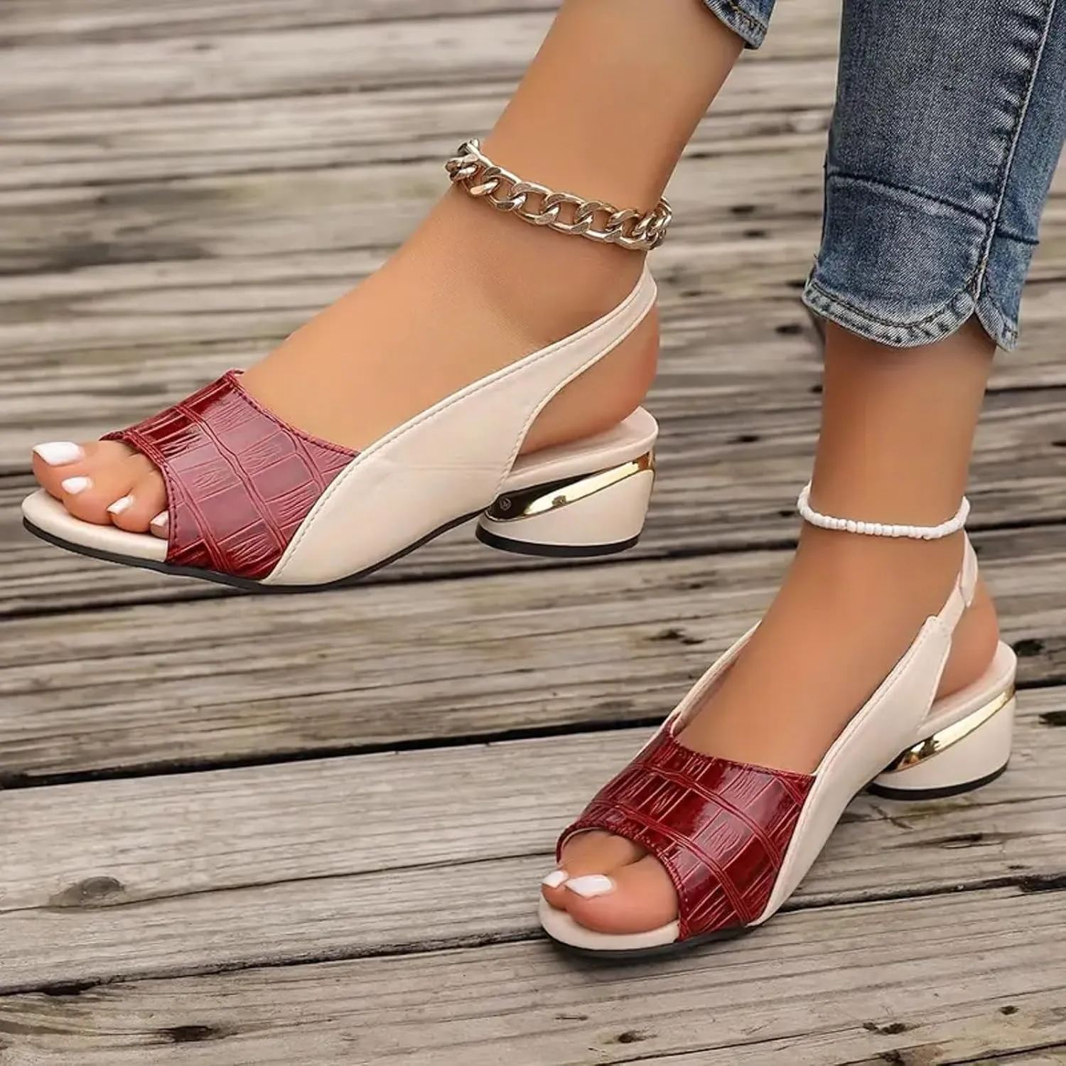 Chunky Heel Fish Mouth Women's Sandals Fashionable Casual Outer Wear Leather Adjustable Strap Slip On Women Dress Shoe