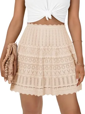 Cicy Bell Women's Summer Crochet Mini Skirt Casual Hollow Out Elastic Waist Boho Beach Cover Up Skirts