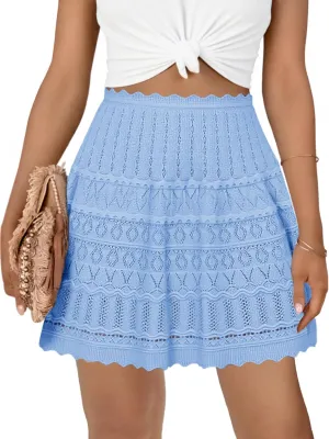 Cicy Bell Women's Summer Crochet Mini Skirt Casual Hollow Out Elastic Waist Boho Beach Cover Up Skirts