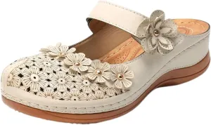 Clogs for Women Mules Shoes Comfortable Dressy Summer Closed Toe Wedge Sandals Fashion Hook and Loop Fastener Slipper Backless Low Wedge Slip On Shoes
