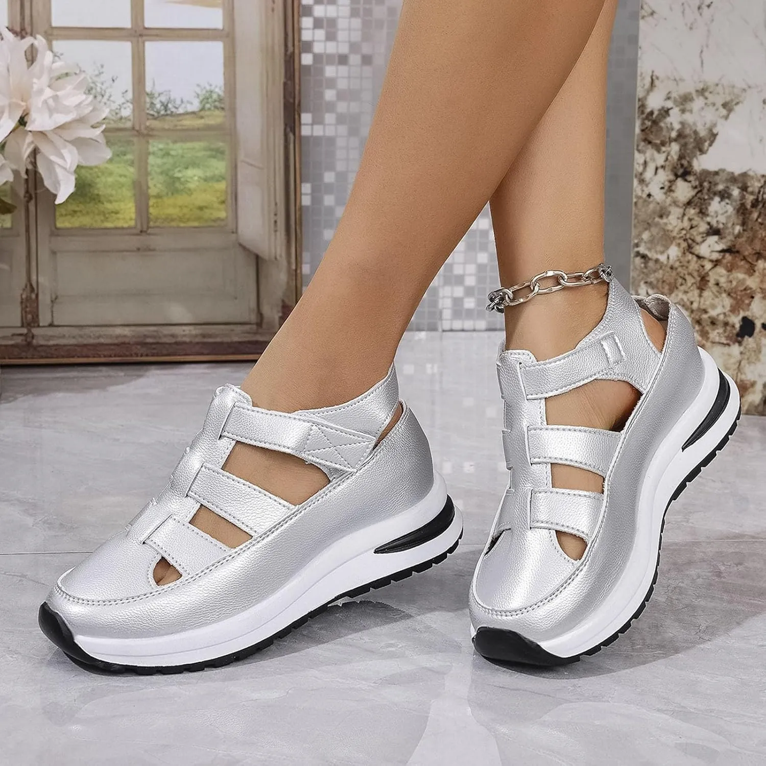 Closed Toe Platform Sandals Women,Wedge Sandals Ankle Buckle Strap Closed Toe Shoes,Hollow Out Retro Arch Support Sandals,Comfortable Summer Wedge Shoes Non-Slip,Walking Beach,Hiking Summer Shoes