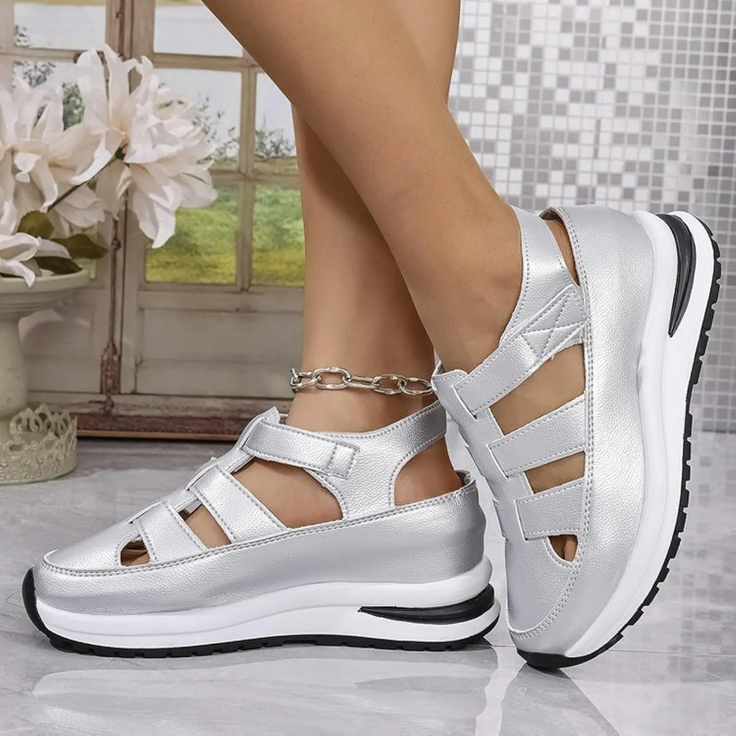 Closed Toe Platform Sandals Women,Wedge Sandals Ankle Buckle Strap Closed Toe Shoes,Hollow Out Retro Arch Support Sandals,Comfortable Summer Wedge Shoes Non-Slip,Walking Beach,Hiking Summer Shoes