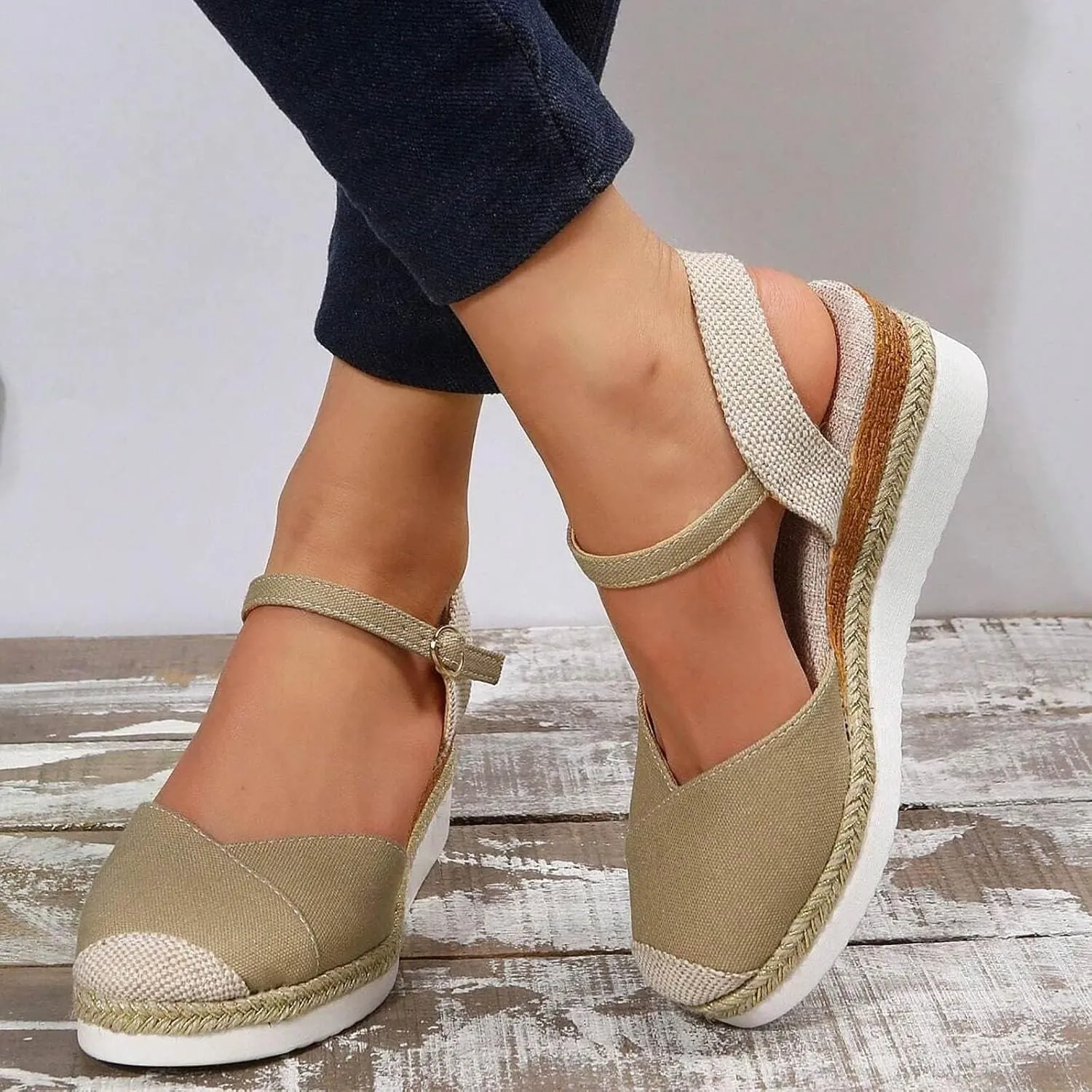 Closed Toe Platform Wedge Sandals Espadrilles Wedges for Women 2025 Dressy Flat Open Toe Comfortable Anti Slip Summer Shoes with Adjustable Buckle Ankle Strap