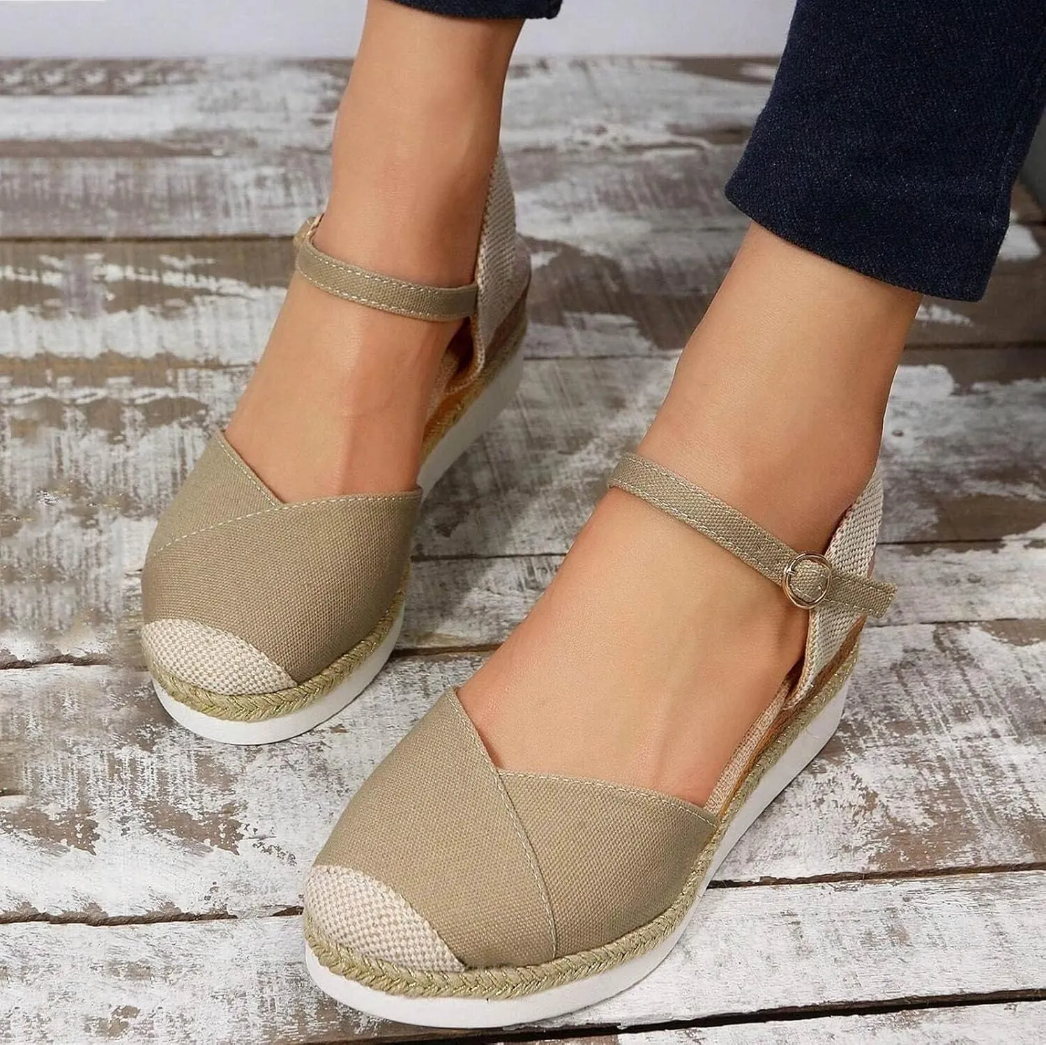 Closed Toe Platform Wedge Sandals Espadrilles Wedges for Women 2025 Dressy Flat Open Toe Comfortable Anti Slip Summer Shoes with Adjustable Buckle Ankle Strap