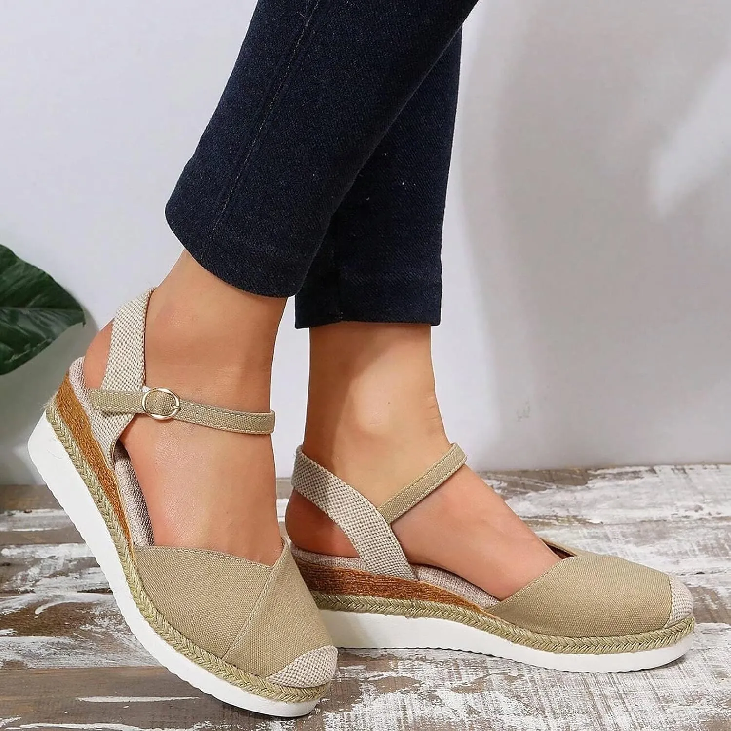 Closed Toe Platform Wedge Sandals Espadrilles Wedges for Women 2025 Dressy Flat Open Toe Comfortable Anti Slip Summer Shoes with Adjustable Buckle Ankle Strap