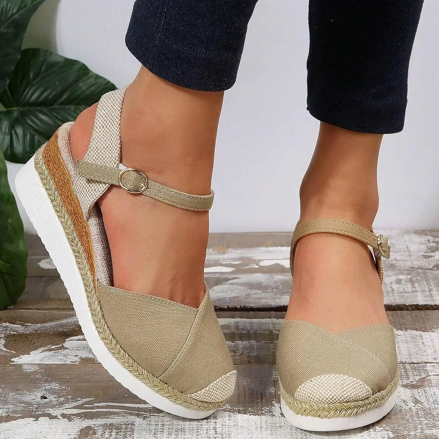 Closed Toe Platform Wedge Sandals Espadrilles Wedges for Women 2025 Dressy Flat Open Toe Comfortable Anti Slip Summer Shoes with Adjustable Buckle Ankle Strap