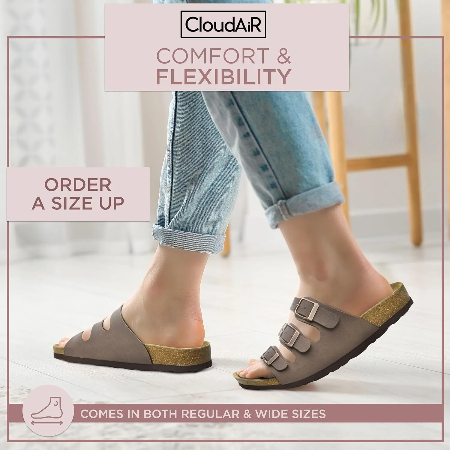 CLOUDAIR Ruth Sandals, Women’s Slides with Arch Support, Suede Vegan Leather, Adjustable 3 Buckle Straps and Cork Footbed
