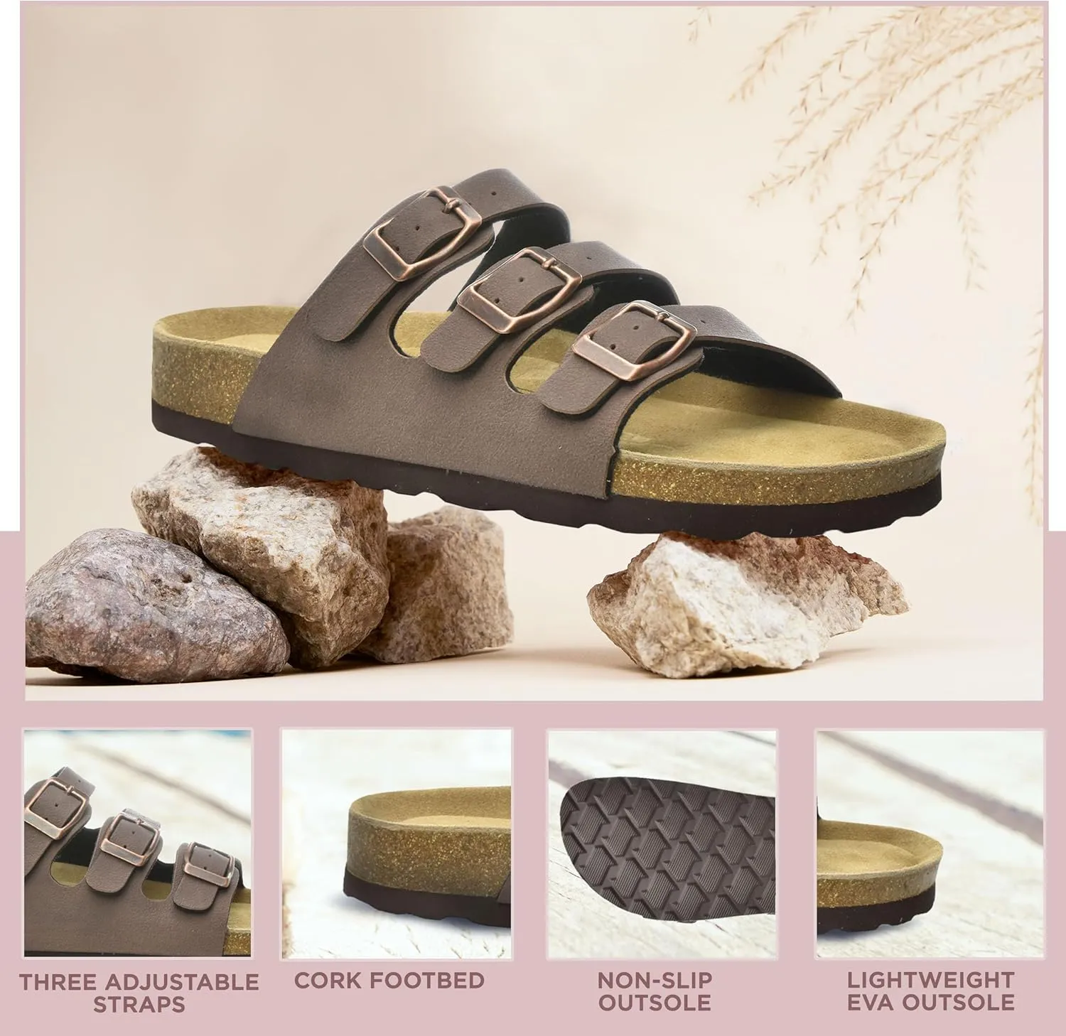 CLOUDAIR Ruth Sandals, Women’s Slides with Arch Support, Suede Vegan Leather, Adjustable 3 Buckle Straps and Cork Footbed