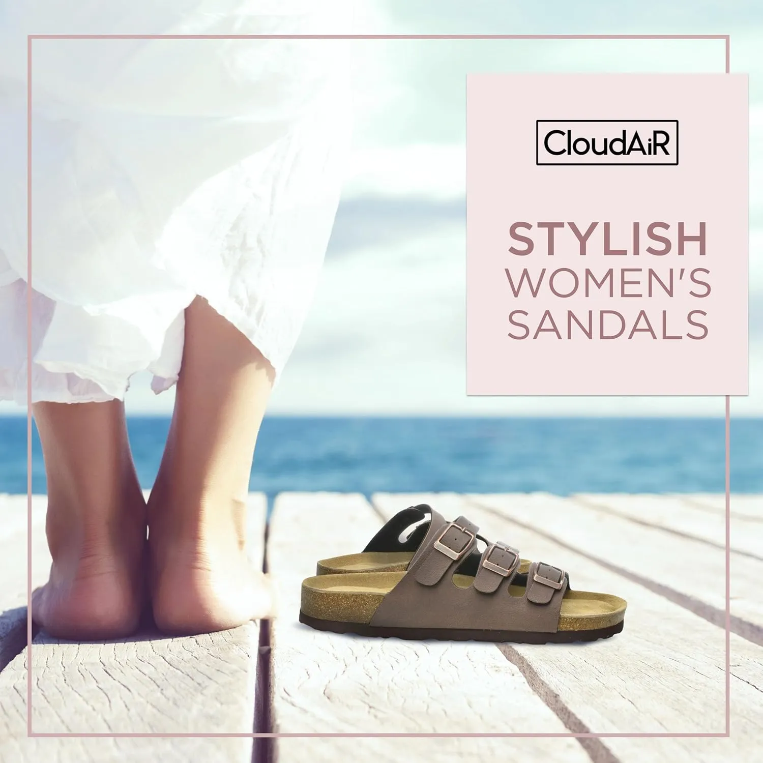 CLOUDAIR Ruth Sandals, Women’s Slides with Arch Support, Suede Vegan Leather, Adjustable 3 Buckle Straps and Cork Footbed