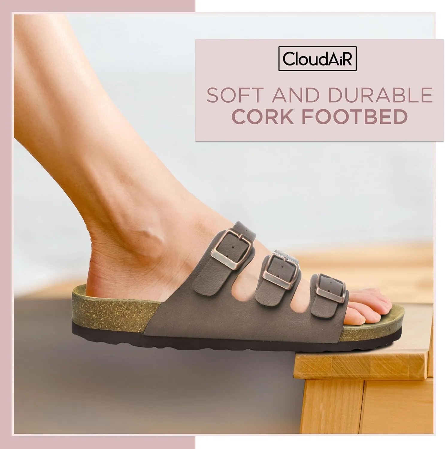 CLOUDAIR Ruth Sandals, Women’s Slides with Arch Support, Suede Vegan Leather, Adjustable 3 Buckle Straps and Cork Footbed