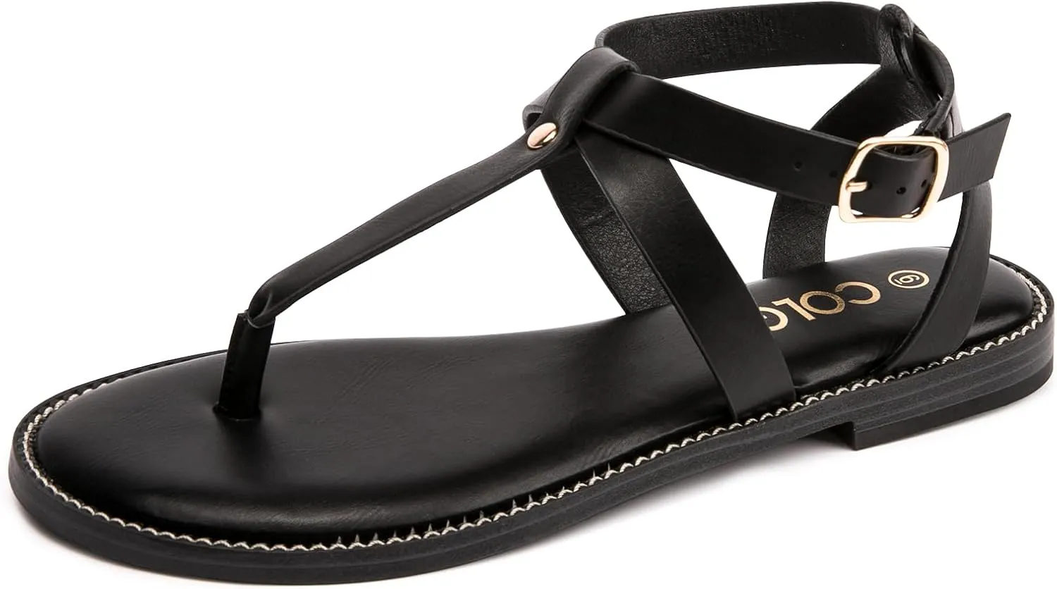 Colgo Thong Flat Sandals, Casual Women T-Strap Dress Sandals with Adjustable Ankle Buckle for Summer Wedding