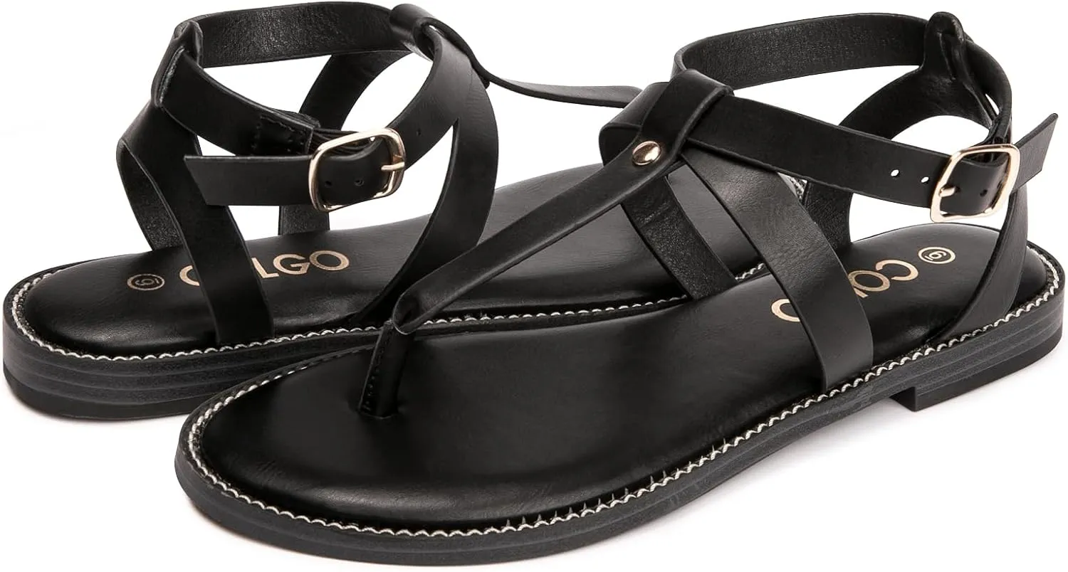 Colgo Thong Flat Sandals, Casual Women T-Strap Dress Sandals with Adjustable Ankle Buckle for Summer Wedding