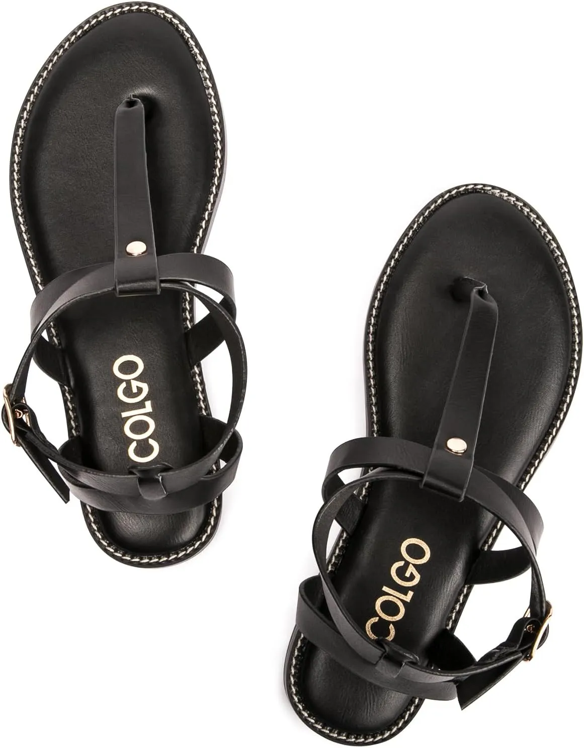 Colgo Thong Flat Sandals, Casual Women T-Strap Dress Sandals with Adjustable Ankle Buckle for Summer Wedding