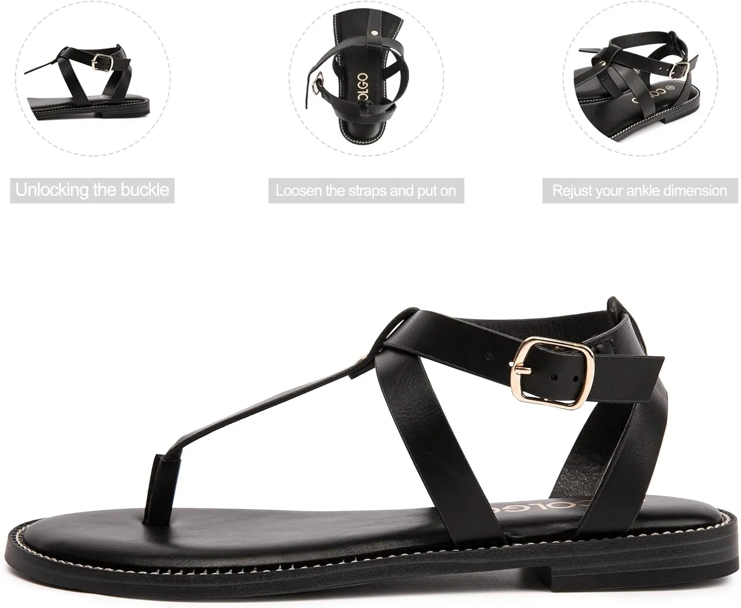 Colgo Thong Flat Sandals, Casual Women T-Strap Dress Sandals with Adjustable Ankle Buckle for Summer Wedding