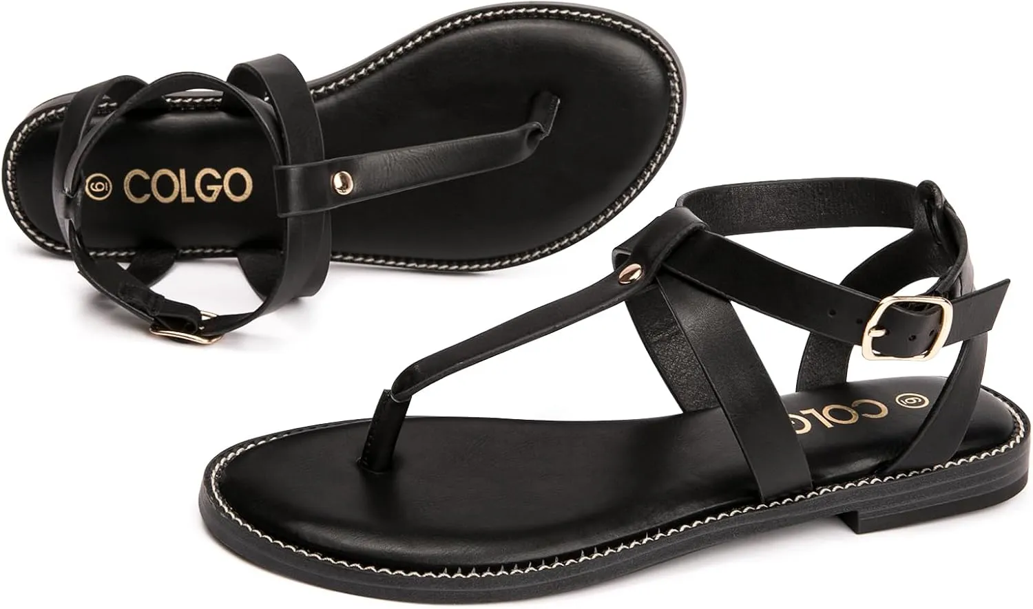 Colgo Thong Flat Sandals, Casual Women T-Strap Dress Sandals with Adjustable Ankle Buckle for Summer Wedding