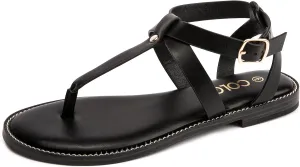 Colgo Thong Flat Sandals, Casual Women T-Strap Dress Sandals with Adjustable Ankle Buckle for Summer Wedding