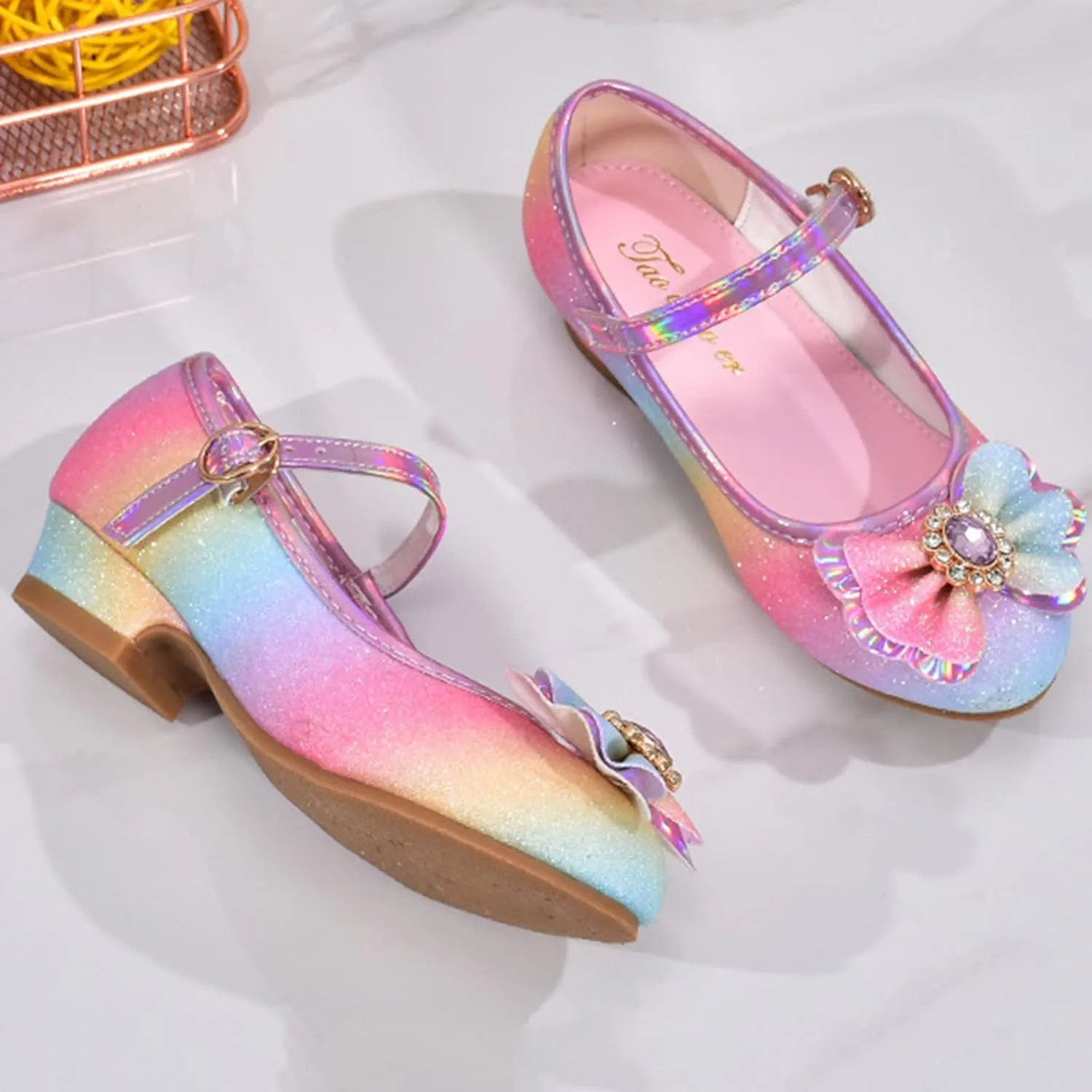 Colorful Bowknot Shiny Dress Shoes for Girls Kids Sparkly Ballet Flats Rainbow Girls Cute Dress Sandals for Party