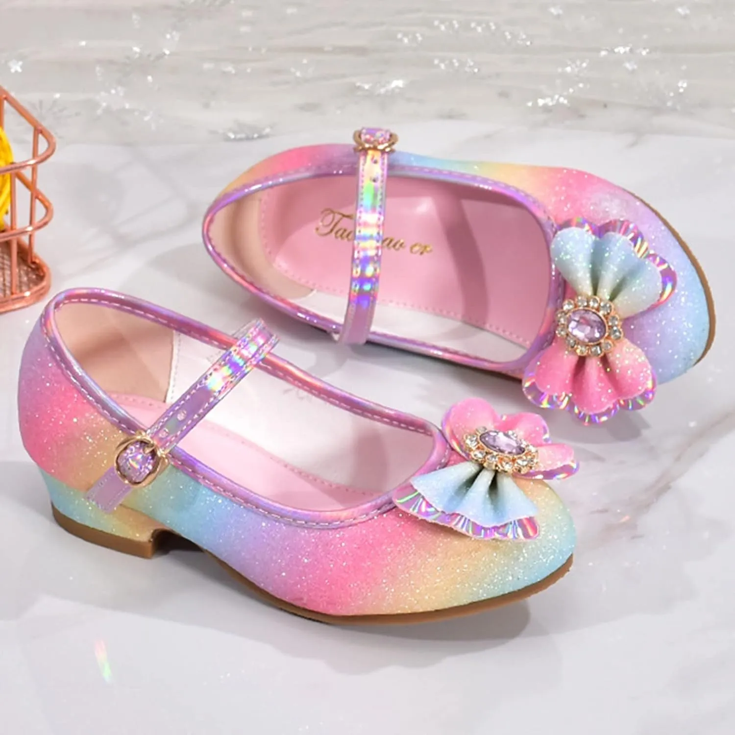 Colorful Bowknot Shiny Dress Shoes for Girls Kids Sparkly Ballet Flats Rainbow Girls Cute Dress Sandals for Party