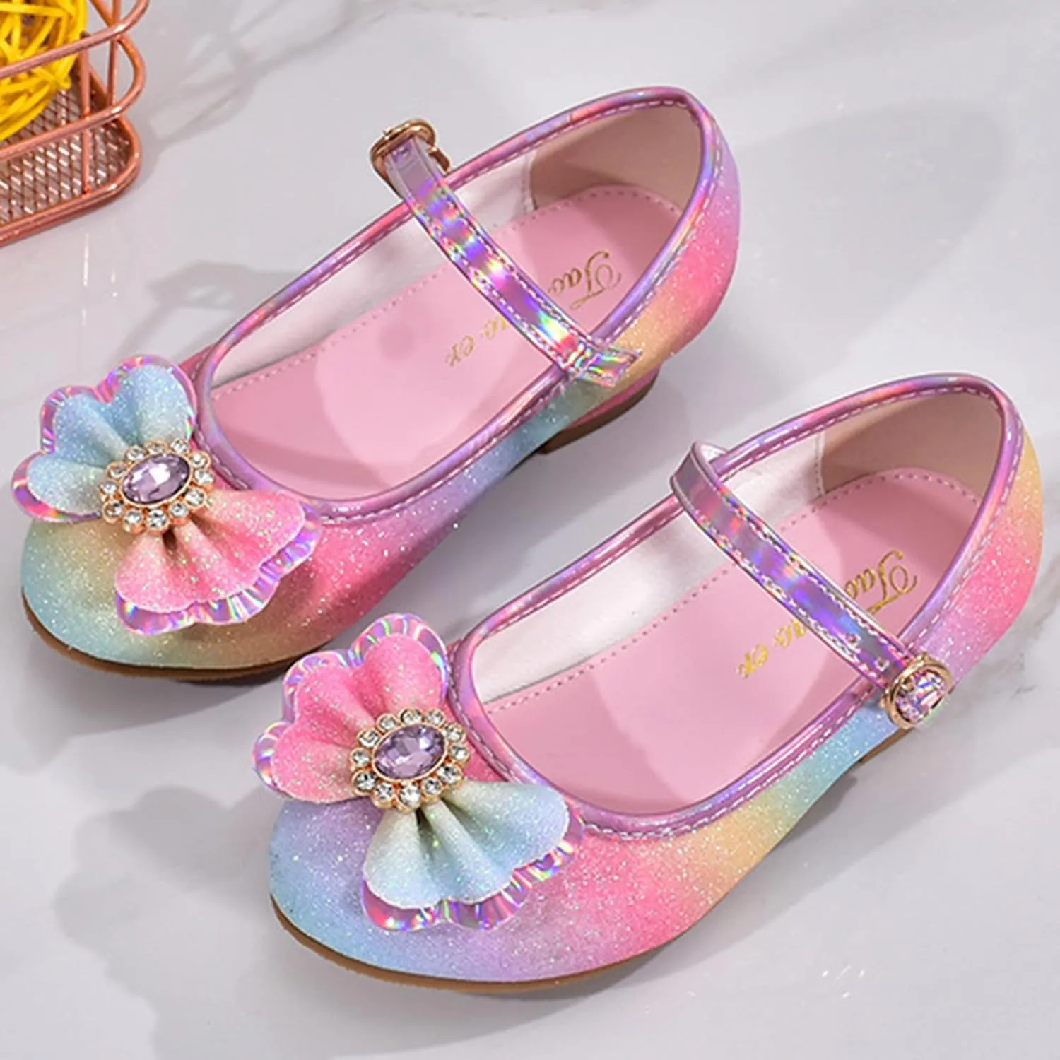Colorful Bowknot Shiny Dress Shoes for Girls Kids Sparkly Ballet Flats Rainbow Girls Cute Dress Sandals for Party