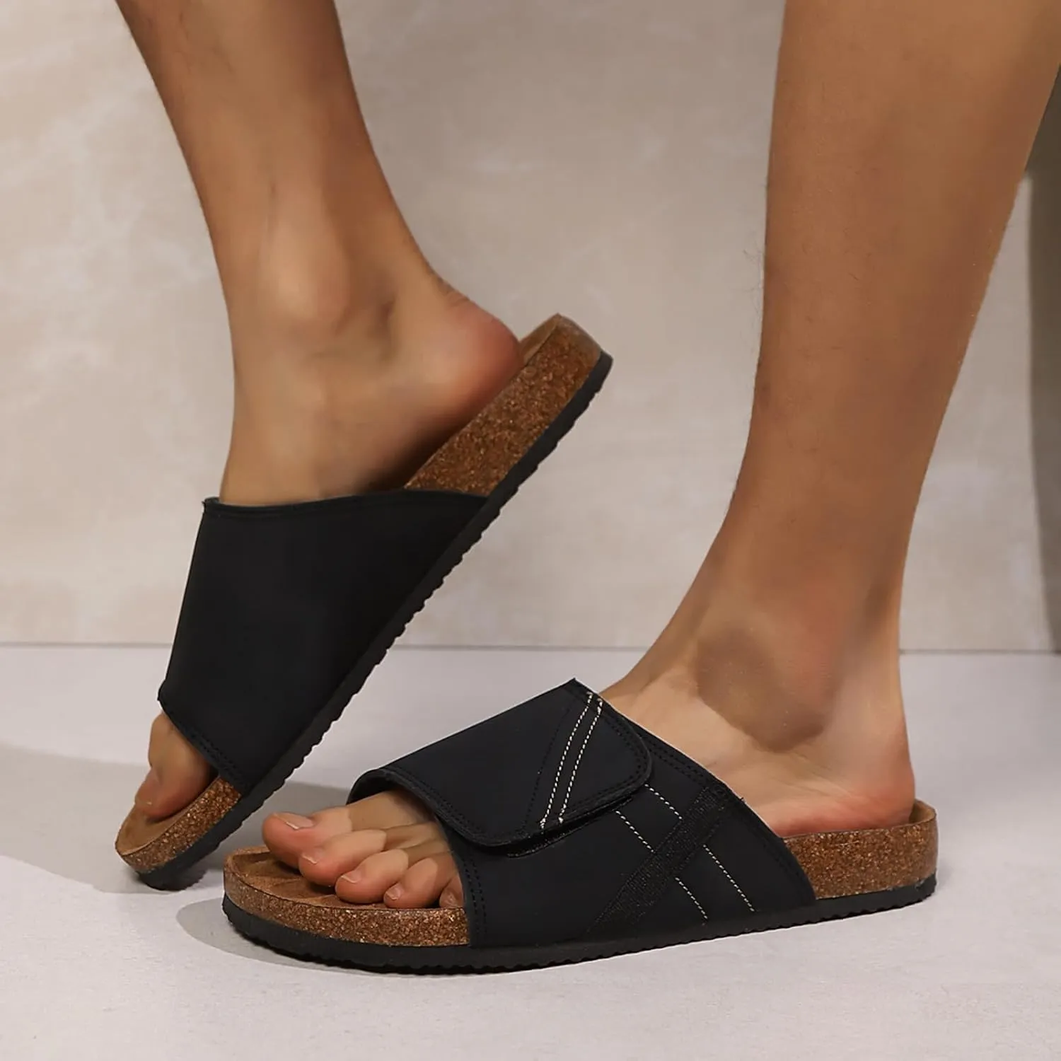 Comfort Slides Sandals, Cork Footbed, Adjustable Velcro Strap, Brown