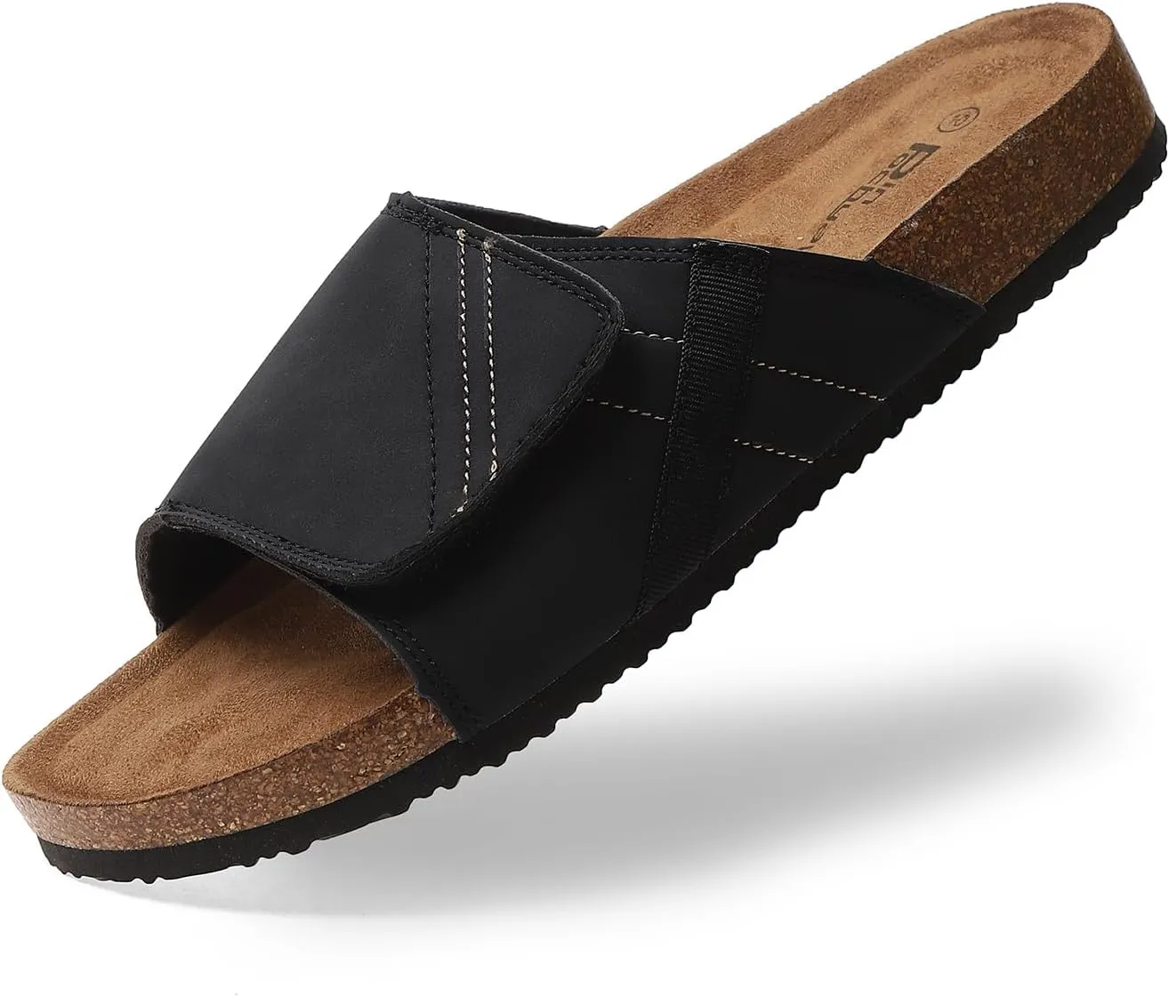 Comfort Slides Sandals, Cork Footbed, Adjustable Velcro Strap, Brown