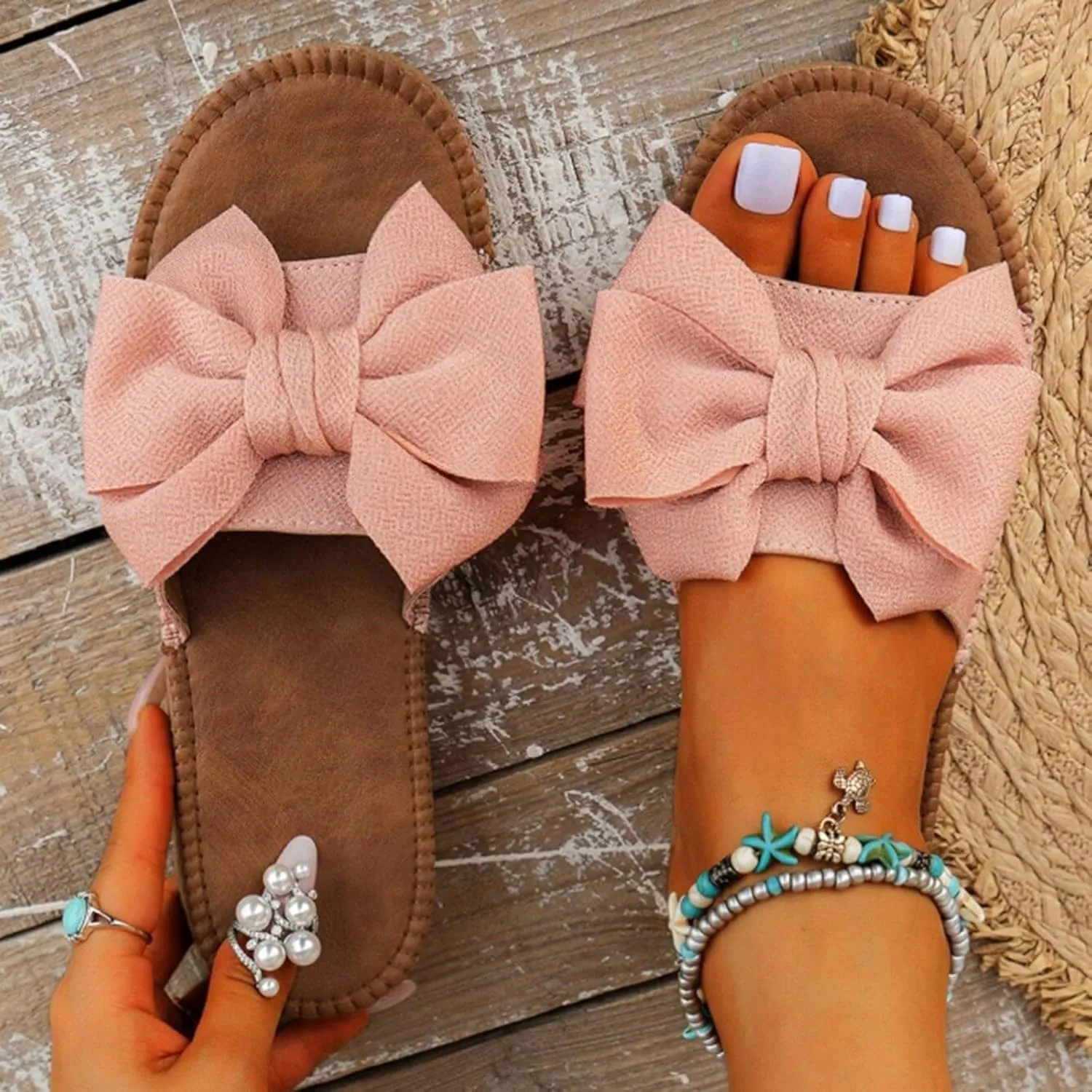 Comfy Espadrilles Flat Sandals for Women 2025 Wide Width Clip Toe Slip On Bow Strap Slides Summer Comfortable Non-Slip Cushion Footbed Casual Beach Dressy Shoes for Daily Wear Outdoor Indoor