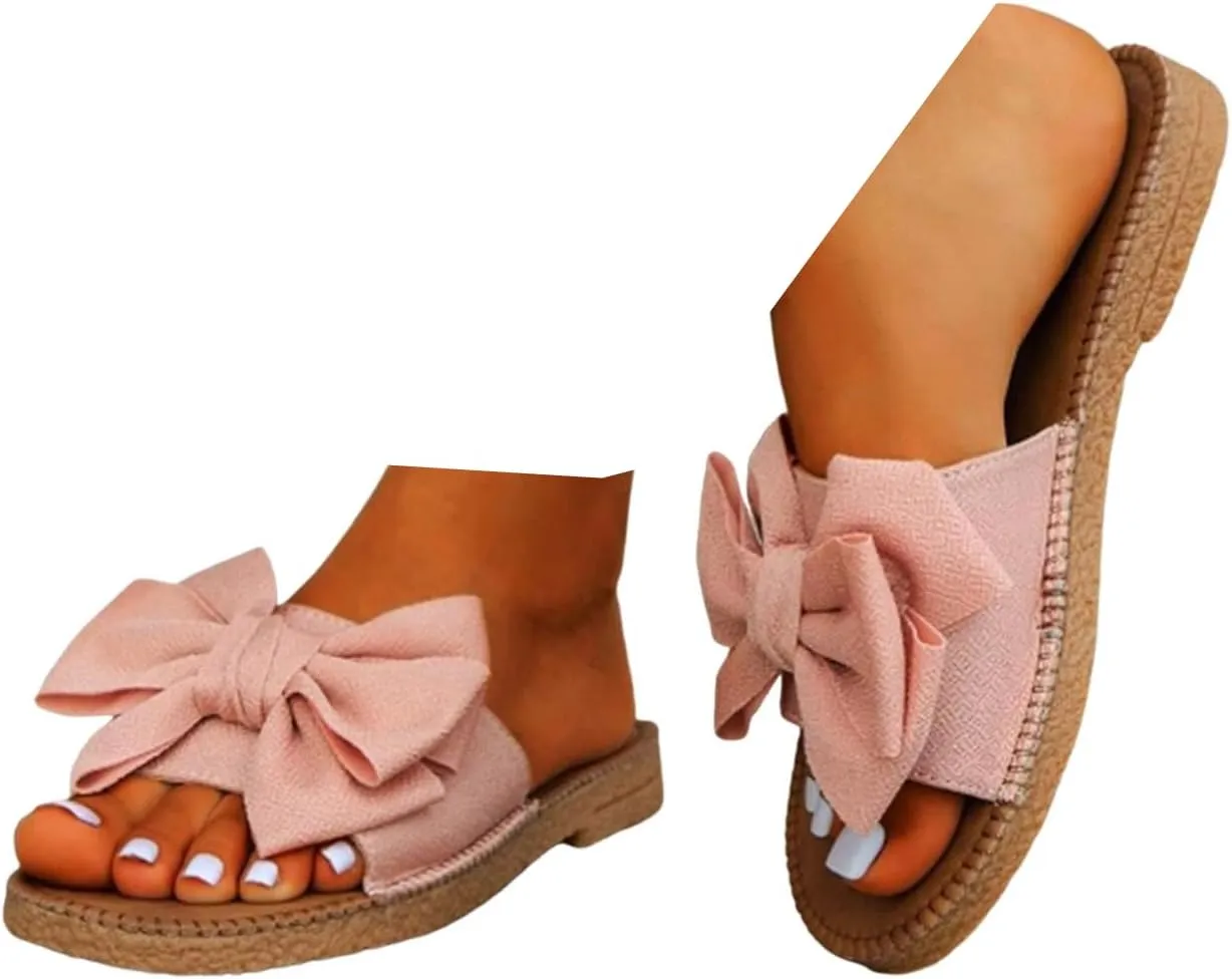 Comfy Espadrilles Flat Sandals for Women 2025 Wide Width Clip Toe Slip On Bow Strap Slides Summer Comfortable Non-Slip Cushion Footbed Casual Beach Dressy Shoes for Daily Wear Outdoor Indoor