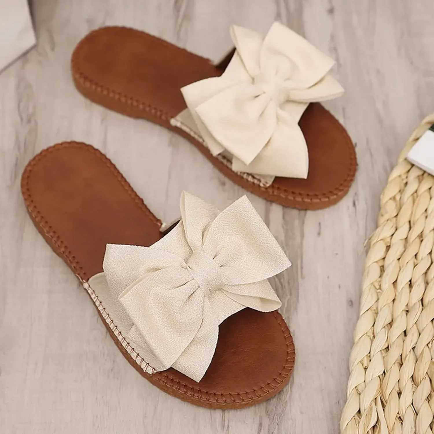 Comfy Espadrilles Flat Sandals for Women 2025 Wide Width Clip Toe Slip On Bow Strap Slides Summer Comfortable Non-Slip Cushion Footbed Casual Beach Dressy Shoes for Daily Wear Outdoor Indoor