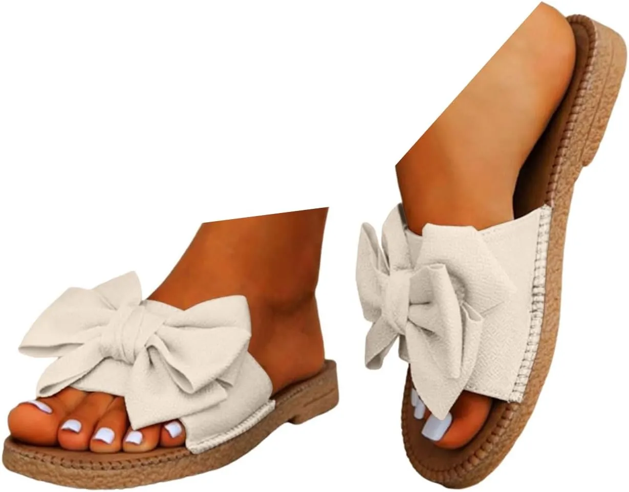 Comfy Espadrilles Flat Sandals for Women 2025 Wide Width Clip Toe Slip On Bow Strap Slides Summer Comfortable Non-Slip Cushion Footbed Casual Beach Dressy Shoes for Daily Wear Outdoor Indoor