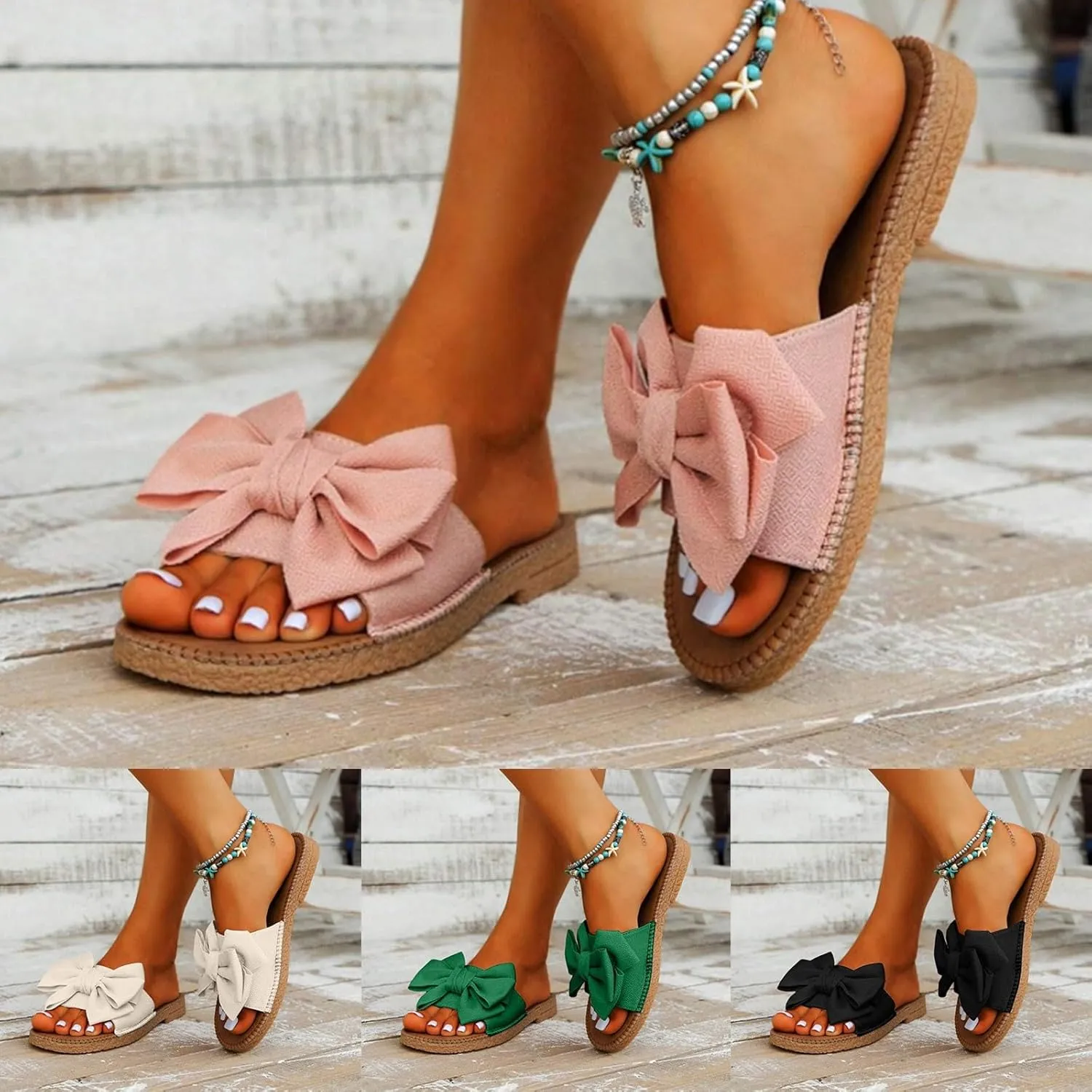 Comfy Espadrilles Flat Sandals for Women 2025 Wide Width Clip Toe Slip On Bow Strap Slides Summer Comfortable Non-Slip Cushion Footbed Casual Beach Dressy Shoes for Daily Wear Outdoor Indoor