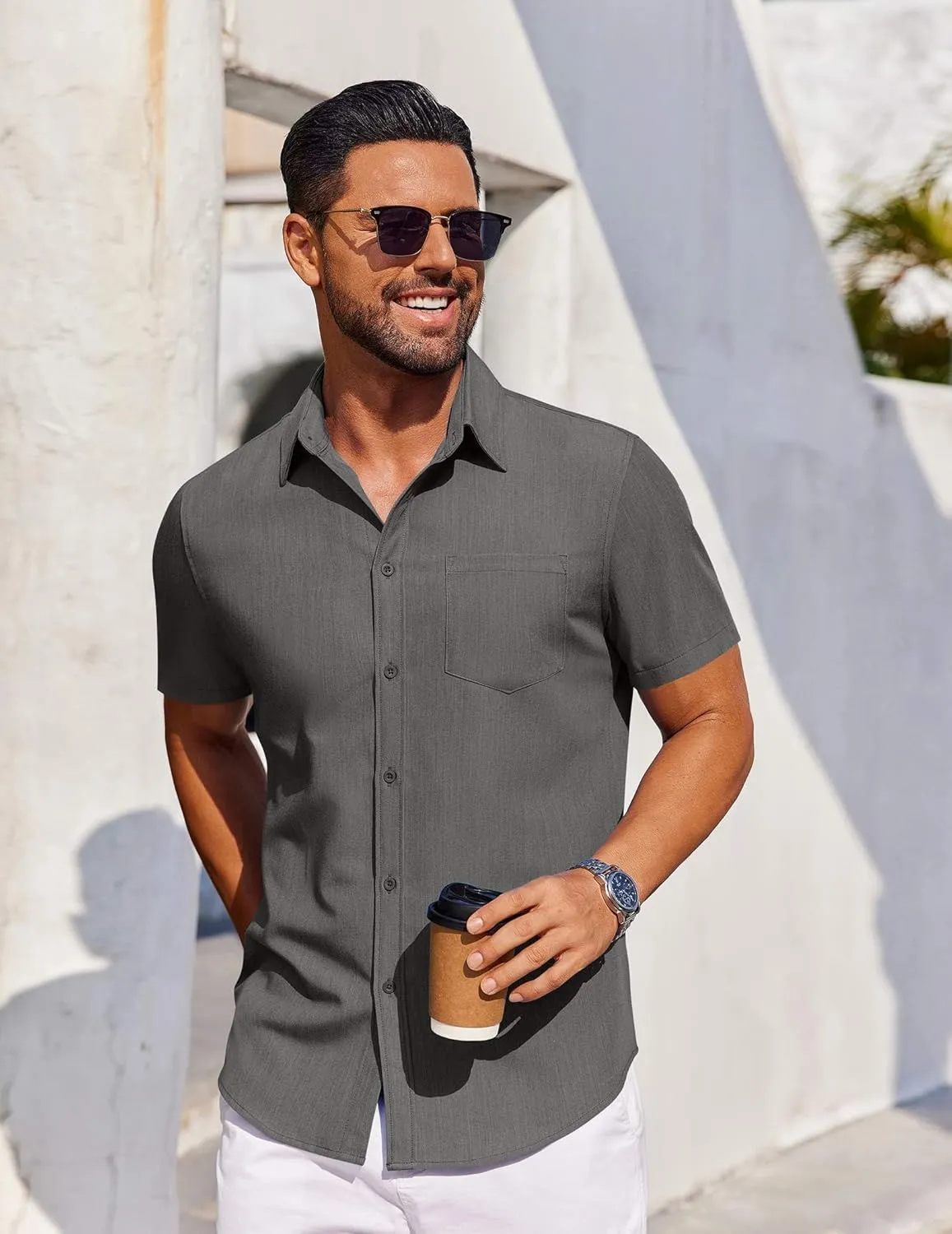 COOFANDY Men's Short Sleeve Button Down Shirt Casual Untucked Dress Shirt Stretch Denim Shirt