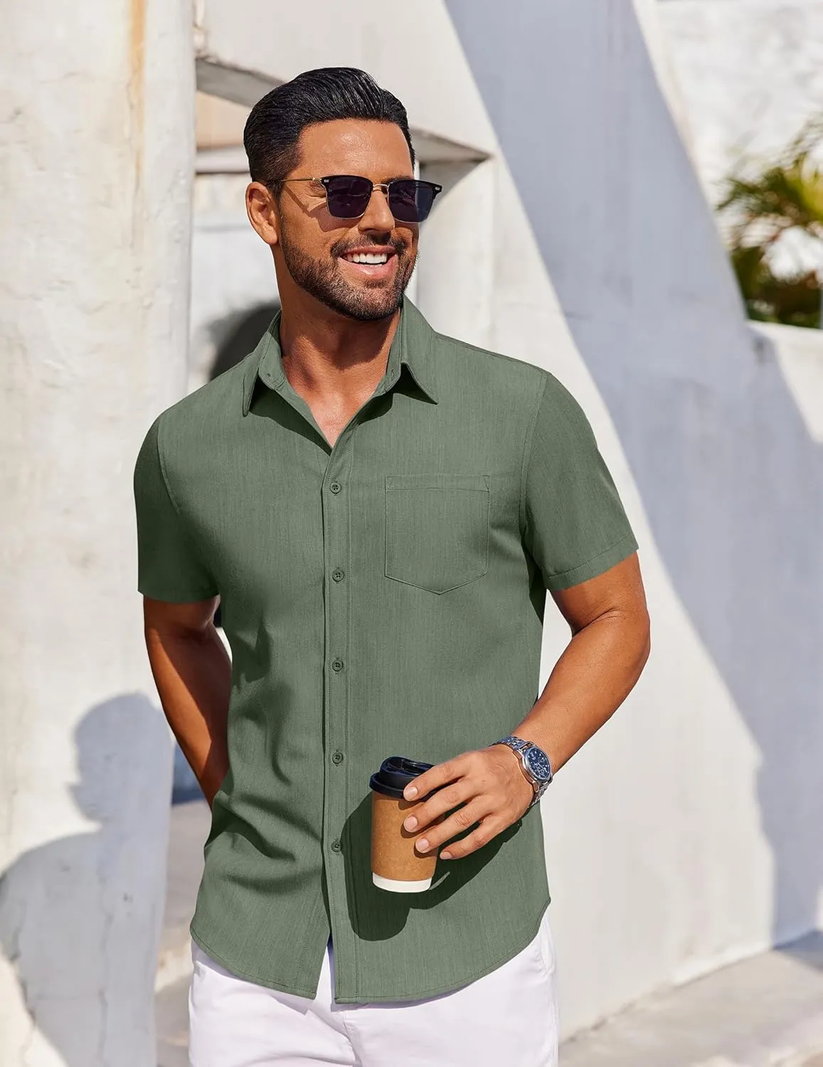 COOFANDY Men's Short Sleeve Button Down Shirt Casual Untucked Dress Shirt Stretch Denim Shirt