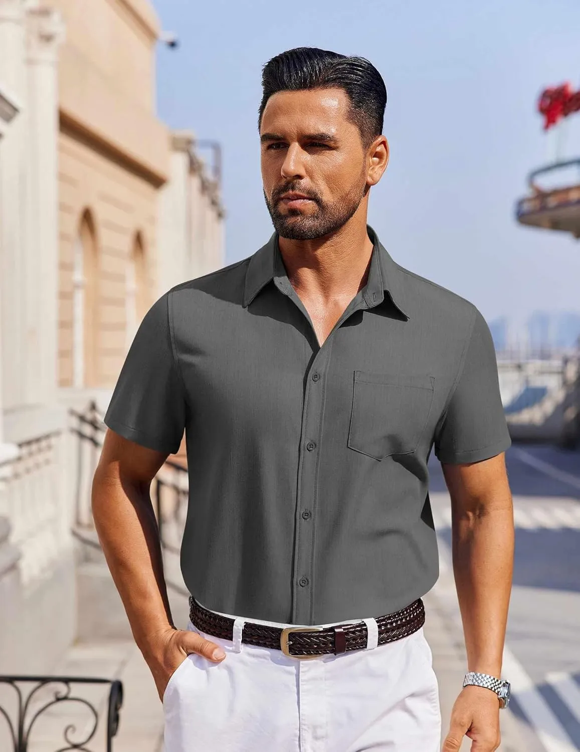 COOFANDY Men's Short Sleeve Button Down Shirt Casual Untucked Dress Shirt Stretch Denim Shirt